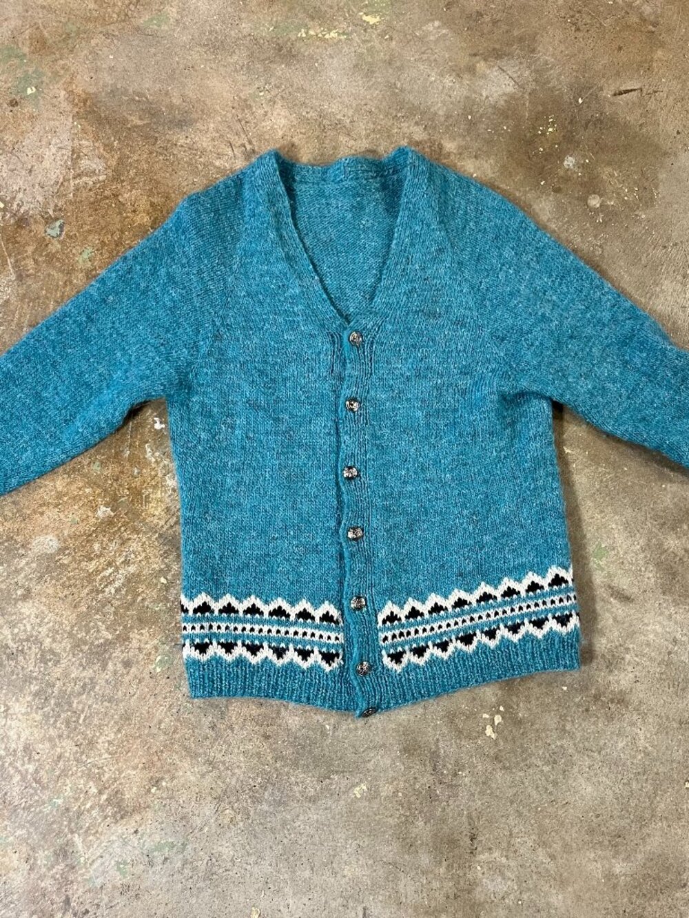Vintage Turquoise Fair Isle Colorwork Cardigan Approx Size L Wool Blend